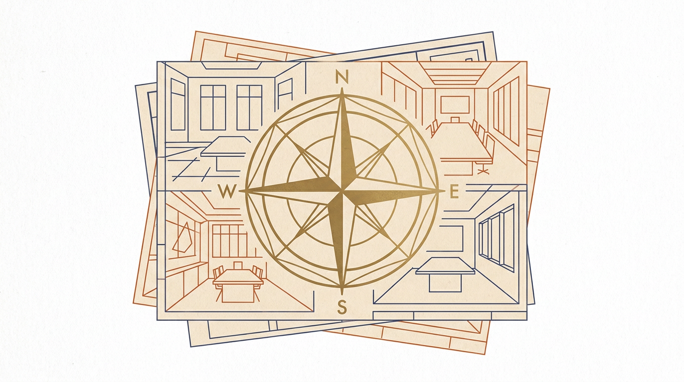 Minimal editorial illustration of a brass compass rose on boardroom architecture drawings, navy and burnt orange
